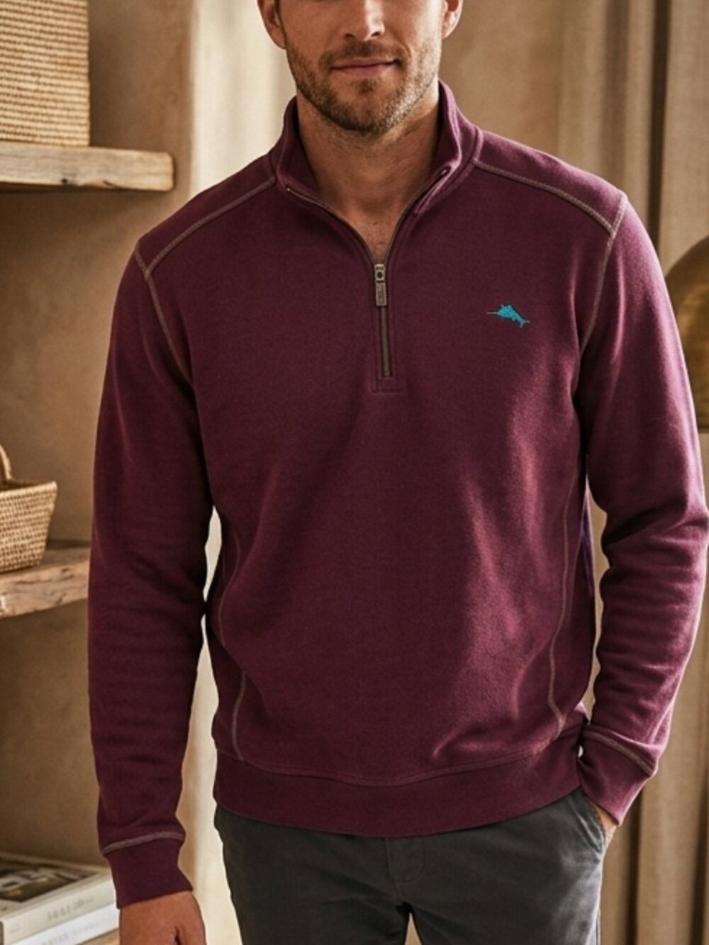 Mock Neck Cotton Fleece Tommy Bahama Maroon Quarter Zip Pullover Size L Large